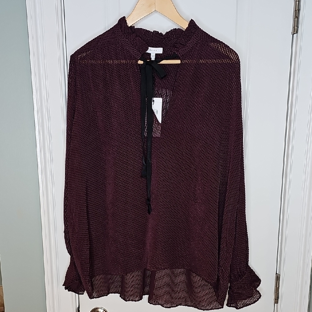 REISS Maevie Silk-Blend Tie-Neck Dot Blouse - Size 8 - Picture 2 of 6